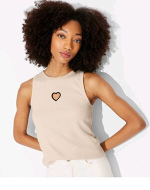 Womens Tank Top Heart Cutout Small Light Taupe Soft Girl Kawaii Romantic
